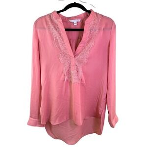 Lauren Conrad Flowy pink Blouse lace size L EUC‎ high low coquette valentines